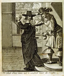 Ilustração gravada do século XVII de uma coleção de provérbios. Paris 1657-1663. De Jacques Lagniet (1620-1675). Gravador francês. Dele saíram muitas gravuras de crítica social e imagens de escárnio, como as suas ilustrações por vezes grotescas e fantástic