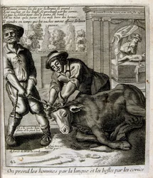 Ilustração gravada do século XVII de uma coleção de provérbios. Paris 1657-1663. De Jacques Lagniet (1620-1675). Gravador francês. Dele saíram muitas gravuras de crítica social e imagens de escárnio, como as suas ilustrações por vezes grotescas e fantástic
