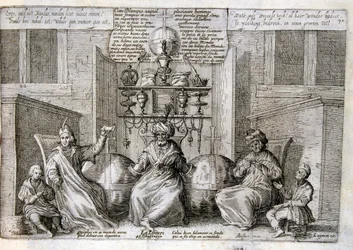 Ilustração gravada do século XVII de uma coleção de provérbios. Paris 1657-1663. De Jacques Lagniet (1620-1675). Gravador francês. Dele saíram muitas gravuras de crítica social e imagens de escárnio, como as suas ilustrações por vezes grotescas e fantástic