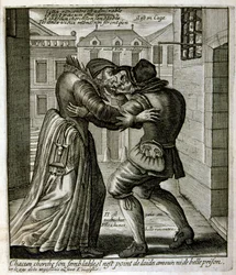 Ilustração gravada do século XVII de uma coleção de provérbios. Paris 1657-1663. De Jacques Lagniet (1620-1675). Gravador francês. Dele saíram muitas gravuras de crítica social e imagens de escárnio, como as suas ilustrações por vezes grotescas e fantástic