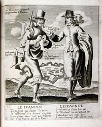 Ilustração gravada do século XVII de uma coleção de provérbios. Paris 1657-1663. De Jacques Lagniet (1620-1675). Gravador francês. Dele saíram muitas gravuras de crítica social e imagens de escárnio, como as suas ilustrações por vezes grotescas e fantástic