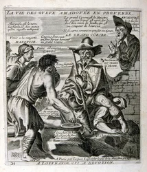 Ilustração gravada do século XVII de uma coleção de provérbios. Paris 1657-1663. De Jacques Lagniet (1620-1675). Gravador francês. Dele saíram muitas gravuras de crítica social e imagens de escárnio, como as suas ilustrações por vezes grotescas e fantástic
