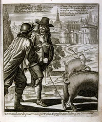 Ilustração gravada do século XVII de uma coleção de provérbios. Paris 1657-1663. De Jacques Lagniet (1620-1675). Gravador francês. Dele saíram muitas gravuras de crítica social e imagens de escárnio, como as suas ilustrações por vezes grotescas e fantástic