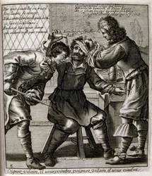 Ilustração gravada do século XVII de uma coleção de provérbios. Paris 1657-1663. De Jacques Lagniet (1620-1675). Gravador francês. Dele saíram muitas gravuras de crítica social e imagens de escárnio, como as suas ilustrações por vezes grotescas e fantástic