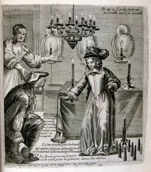 Ilustração gravada do século XVII de uma coleção de provérbios. Paris 1657-1663. De Jacques Lagniet (1620-1675). Gravador francês. Dele saíram muitas gravuras de crítica social e imagens de escárnio, como as suas ilustrações por vezes grotescas e fantástic