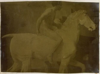 Estudo de um modelo nu masculino, sentado em um cavalo de gesso, no estúdio de Jacques de Lalaing, possível estudo preliminar para Retrato Equestre, Museu de Belas Artes de Ghent