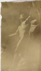 Estudo de um modelo nu masculino em um andaime, visto de baixo, na oficina de Jacques de Lalaing