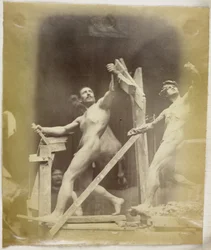 Estudo de um modelo nu masculino em um andaime, visto de lado e ao lado de um modelo de gesso na mesma pose, no estúdio de Jacques de Lalaing