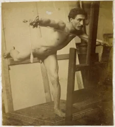 Estudo de um modelo masculino nu, inclinado para a frente com a perna direita para trás, no estúdio de Jacques de Lalaing