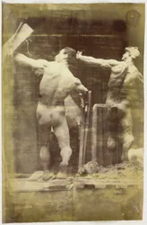 Estudo de um modelo nu masculino, visto de costas e à mão em um andaime, ao lado de um modelo de gesso exatamente na mesma pose, no estúdio de Jacques de Lalaing