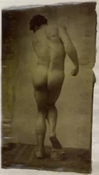 Estudo de um modelo nu masculino, em pé e visto de trás, no estúdio de Jacques de Lalaing
