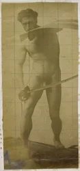 Estudo de um modelo nu masculino, de pé com espada e escudo nas mãos, no estúdio de Jacques de Lalaing