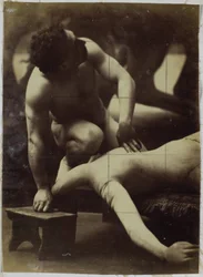 Estudo de um modelo nu masculino lutando com um manequim, no estúdio de Jacques de Lalaing