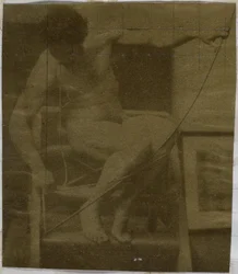 Estudo de um modelo nu masculino, sentado num degrau, visto de frente com uma corda e uma vénia no colo, no estúdio de Jacques de Lalaing