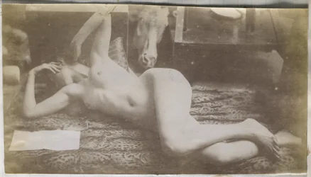Estudo de um modelo nu feminino, deitado sobre uma pele de tigre, no estúdio de Jacques de Lalaing
