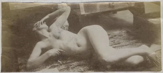 Estudo de uma modelo feminina nua, deitada sobre uma pele de tigre, no estúdio de Jacques de Lalaing