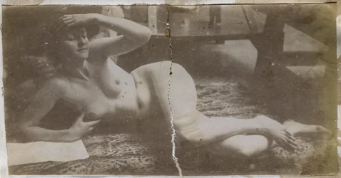 Estudo de uma modelo nua feminina, deitada sobre pele de tigre, no estúdio de Jacques de Lalaing