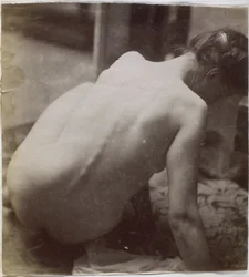 Estudo de um modelo nu feminino, visto de costas, no estúdio de Jacques de Lalaing, estudo preliminar de elemento para uma fonte no Musée des Beaux arts, Tournai e para uma fonte circular