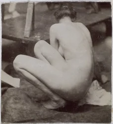 Estudo de um modelo nu feminino, visto de costas, no estúdio de Jacques de Lalaing, estudo preliminar de elemento para uma fonte no Musée des Beaux arts, Tournai e para uma fonte circular