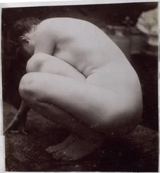 Estudo de um modelo nu feminino, visto de lado, no estúdio de Jacques de Lalaing, estudo preliminar de elemento para uma fonte no Musée des Beaux arts, Tournai e para uma fonte circular