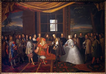 Guerra dos Trinta Anos: “” Entrevista do Rei da França Luís XIV (1638-1715) e Filipe IV da Espanha (1605-1665) na ilha de Paisans em 11/07/1659”” A Espanha concorda em assinar o Tratado da Pirineus. A filha de Filipe IV, Marie Therese (Marie-Therese)