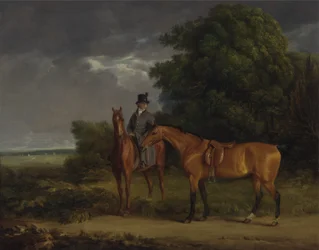 Um noivo montado em um caçador de castanhas, ele segura um caçador de baios pelas rédeas (óleo sobre tela)