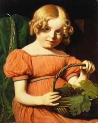 Retrato de Louisa Booth, sentada a meio comprimento, em um vestido rosa coral enfeitado com uma trança azul segurando uma cesta de uvas,