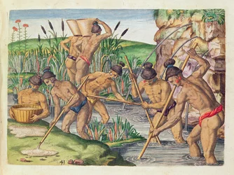 Como os índios recolhem ouro dos cursos de água, de Brevis Narratio.., gravado por Theodore de Bry (1528-98), publicado em Frankfurt, 1591
