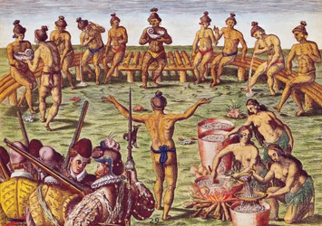 Como os habitantes da Flórida tomaram decisões sobre assuntos importantes, de &39;Brevis Narratio ..&39;, gravada por Theodore de Bry (1528-88) 1563