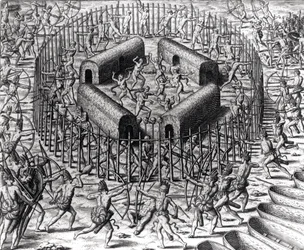 Johannes Staden ajuda a defender os índios que o capturaram contra os Tuppin Tkins, gravados por Theodore de Bry (1528-98), de &39;Americae&39;, 1590