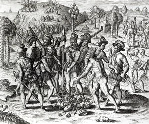 Espanhóis recebendo presentes de índios, de &39;História&39;, de 1598, gravados por Theodor de Bry (1528-98)
