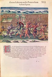 Os franceses ajudam os índios em batalha, de &39;Brevis Narratio ..&39;, gravado por Theodore de Bry (1528-98) publicado em Frankfurt, 1591 (ver também 111679)