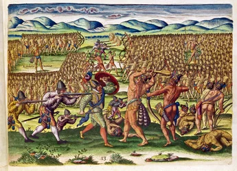 Os franceses ajudam os índios em batalha, de &39;Brevis Narratio ..&39;, gravado por Theodore de Bry (1528-98) publicado em Frankfurt, 1591 (ver também 173458 e 111679).