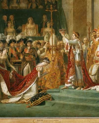 Coroação de Napoleão I, a imperatriz Josefina de joelhos diante de Napoleão ...