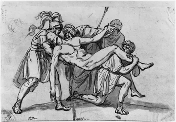 Morte de Meleager (caneta e tinta marrom e lavagem cinza e pierre noire no papel)