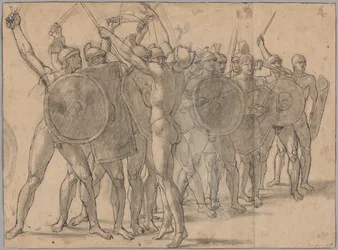 Soldados nus gesticulando com as suas armas (recto); dois estudos de drapeado para a figura de Tácio (verso)