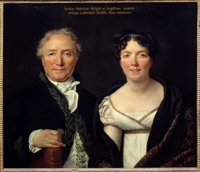 Retrato de Antoine Mongez (1747-1835) arqueólogo e sua esposa Angelique (1775-1855) pintor Antoine Mongez posa em traje Acadêmico e segura uma peça na mão para recordar seu papel como administrador das Moedas. Pintura de Jacques Louis David (1748-