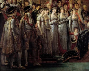A Coroação de Napoleão. Pormenor que representa os irmãos e as irmãs do imperador durante a sagração do imperador Napoleão I Bonaparte e a coroação da imperatriz Josefina em Notre-Dame de Paris, a 2 de dezembro