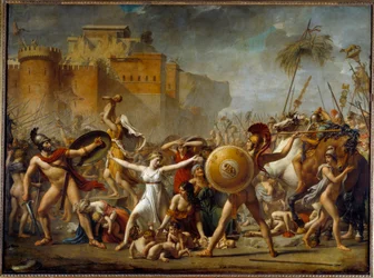 Os Sabines interpostos entre seus maridos romanos (direita) e seus irmãos Sabine (esquerda) mostrando-lhes seus filhos - Pintura de Jacques-Louis (Jacques Louis) David (1748-1825)
