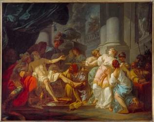 A morte de Seneque (4 AC - 65 DC), filósofo romano. Em 65, ele foi comprometido apesar dele na Conjugação do Pisão e condenado à morte. Ele se mata abrindo as veias sob o comando de Neron. Pintura de Jacques Louis David (1748-1825