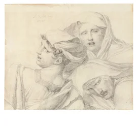 Três mulheres em trajes clássicos, comprimento do busto, com expressões angustiadas, 1819