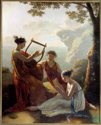 Poeta grego Sapho (Sappho) tocando lira e dois de seus companheiros Pintura de Jacques Louis Grandin (1780-?) 1808 Paris, Musee Marmottan