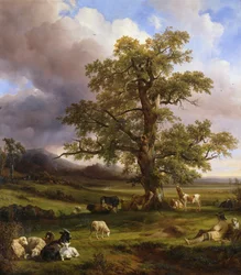 Animais descansando em torno de uma grande árvore de carvalho, 1842
