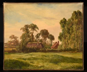 Paisagem com vista para uma quinta através das árvores