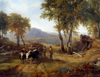 Os madeireiros na Floresta dos Pormenores. Pintura de Raymond Brascassat (1804-1867) 1832 Nantes, Musee des Beaux Arts