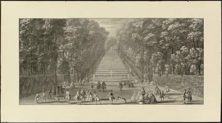 Vue de la Grande Cascade dans les jardins de Marly (giz preto, caneta e tinta preta, lavagem cinzenta)