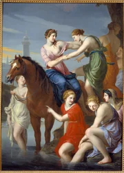 Roma Antiga: "Clelie passando o Tibre" A heroína romana entregou refém a Porsena, Rei dos Etruscos, que estava sitiando Roma, escapou com seus companheiros atravessando o Tibre em 507 AC. Pintura de Jacques Stella (1596-1657) Sol do século XVII.