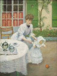 Mãe com uma menina a brincar à bola 1906