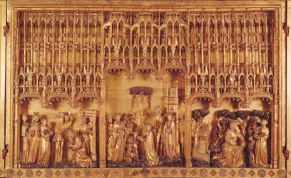 Retábulo de Santos e Mártires, painel central da decapitação de São João Batista, do Martírio de Santa Catarina de Alexandria e Santa Bárbara e da Tentação de Santo Antônio, c.1391