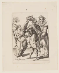 Um Cupido de olhos vendados segurando uma tocha diante de um casal, de The Masquerades